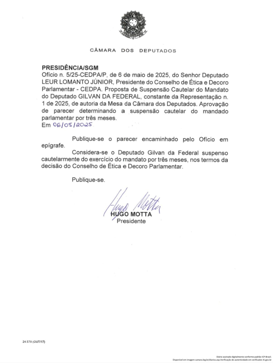 Deputado Gilvan da Federal tem mandato suspenso por ofensas à ministra Gleisi Hoffmann